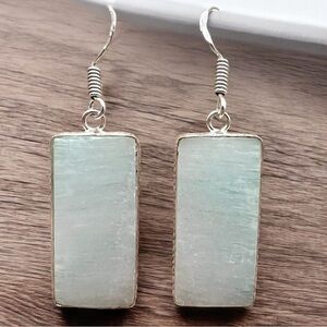 New Light Blue Hemimorphite Stone Silver Overlay Hook Earrings
